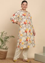Akiko Women's Cotton Slub Floral Print Calf Length Mandarin Collar Straight Kurta With Pant (Multi) - Image 3