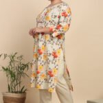 Yash Gallery Women's Cotton Slub Floral Print Calf Length Mandarin Collar Straight Kurta With Pant (Multi)