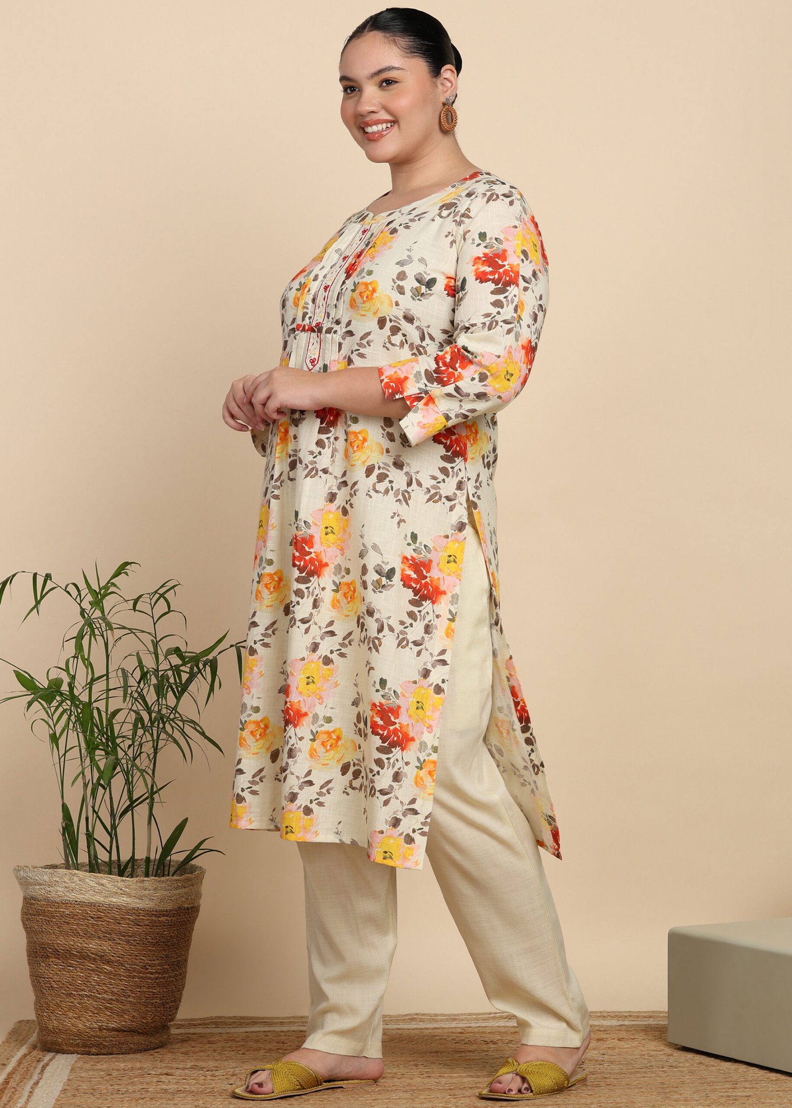 1748YKMULTI5.jpg Yash Gallery Women's Cotton Slub Floral Print Calf Length Mandarin Collar Straight Kurta With Pant (Multi) - Image 1