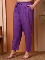 Akiko Women's Purple Cotton Cambric Floral Print Calf Length V-Neck With Hand Work Detaliing 3/4 Sleeves Straight Kurta With Pant And Duptta (Purple) - Image 5