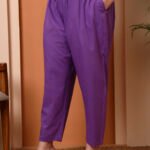 Yash Gallery Women's Purple Cotton Cambric Floral Print Calf Length V-Neck With Hand Work Detaliing 3/4 Sleeves Straight Kurta With Pant And Duptta (Purple)