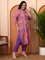 Akiko Women's Purple Cotton Cambric Floral Print Calf Length V-Neck With Hand Work Detaliing 3/4 Sleeves Straight Kurta With Pant And Duptta (Purple) - Image 3
