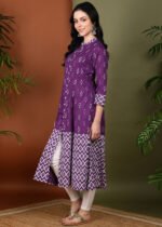 Akiko Women's Cotton Calf Length Ikat Print 3/4th Sleeve Mandarin Collar A-line Kurta - Image 3
