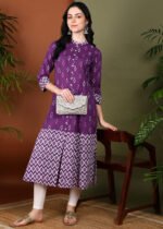 Akiko Women's Cotton Calf Length Ikat Print 3/4th Sleeve Mandarin Collar A-line Kurta - Image 4