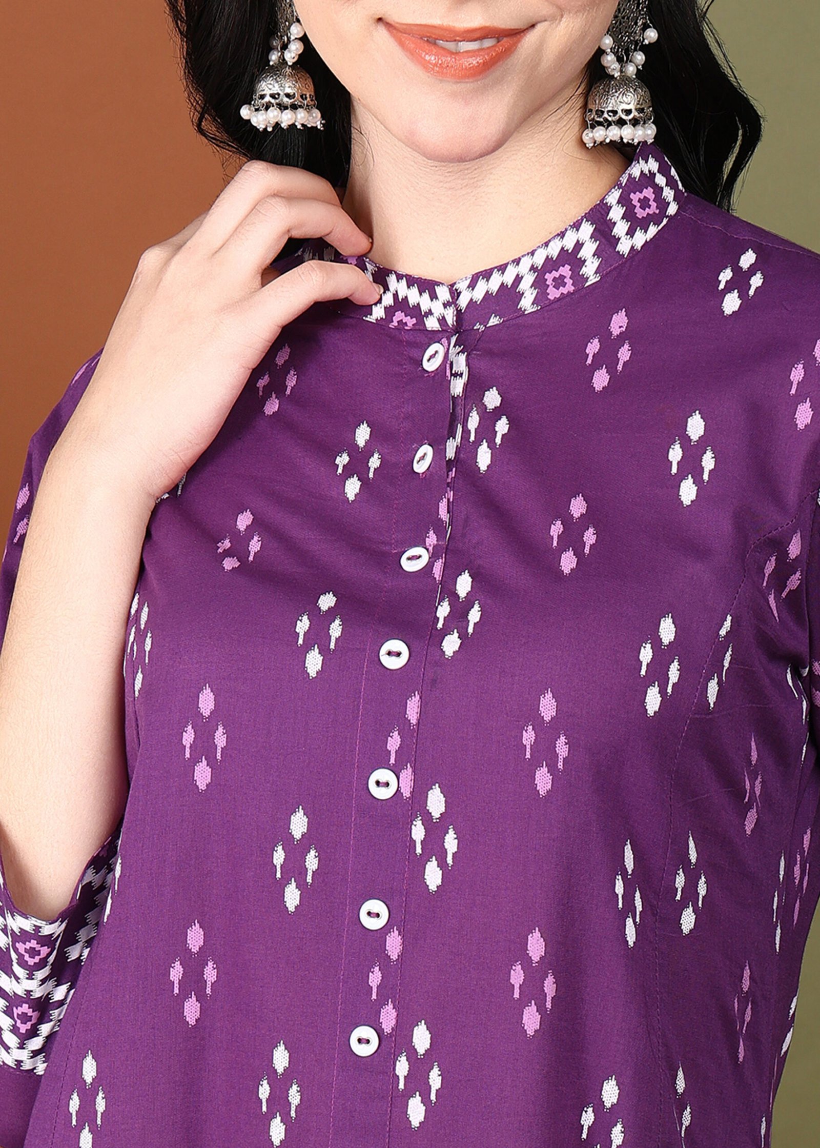 1883YKPURPLE8.jpg Yash Gallery Women's Cotton Calf Length Ikat Print 3/4th Sleeve Mandarin Collar A-line Kurta - Image 1