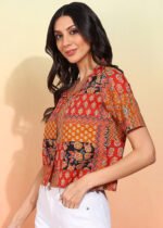 Akiko Women's Blue Printed Cambric Cotton Short Sleeve Shirt Top - Image 3