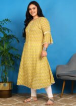 Akiko Women's Poly Cotton 3/4 sleeve Anarkali Kurti with Pom Pom Lace & Embroidery (Yellow) - Image 3