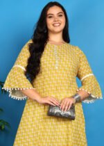 Akiko Women's Poly Cotton 3/4 sleeve Anarkali Kurti with Pom Pom Lace & Embroidery (Yellow) - Image 4
