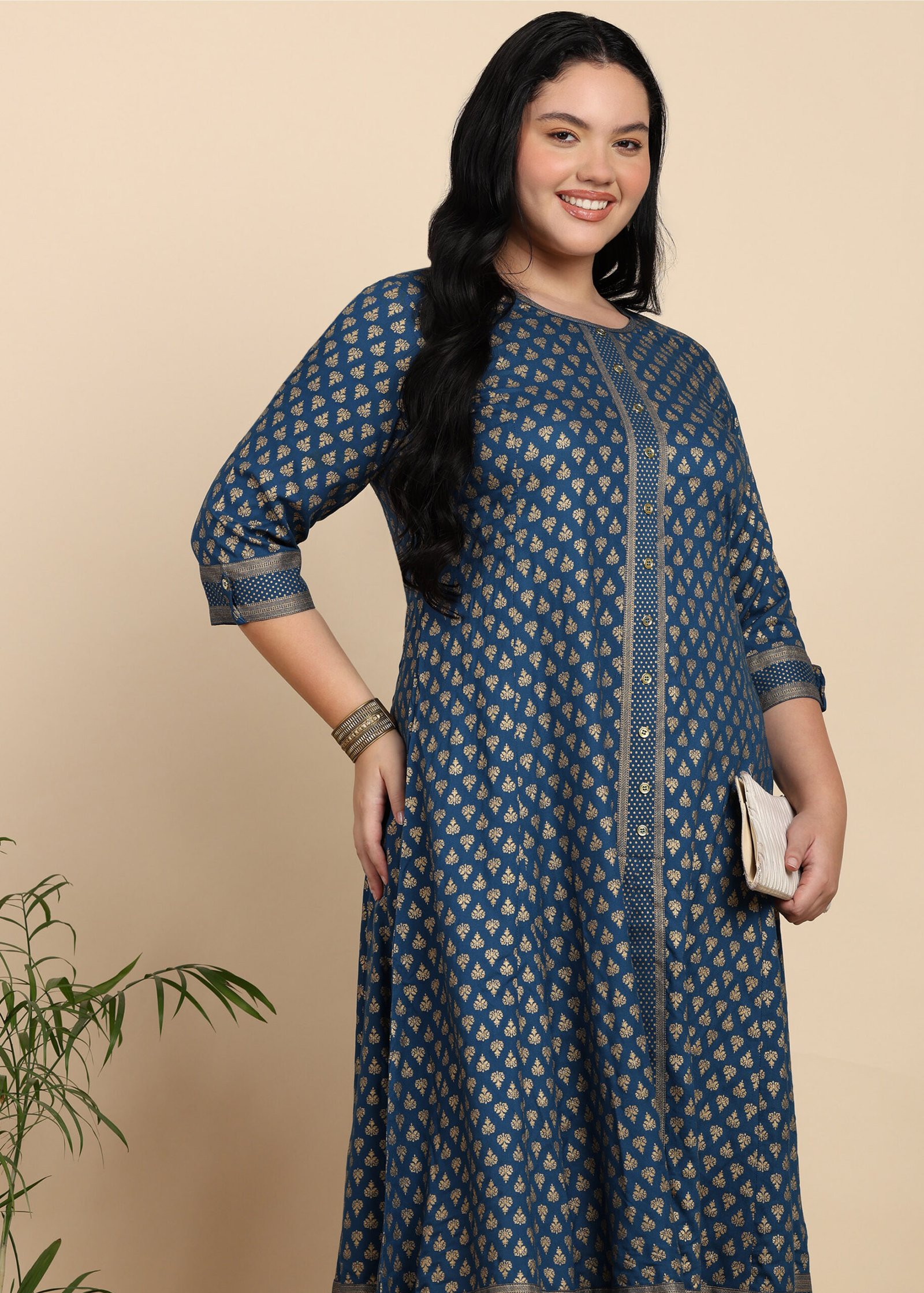 1905YKTEAL8.jpg YASH GALLERY Women's Rayon Golden Buti Printed A-line Kurta - Image 1