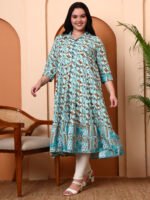 Akiko Women's Poly Rayon 3/4 sleeve shirt collar Geometrical Printed Anarkali Kurta(Green) - Image 5