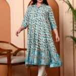 Yash Gallery Women's Poly Rayon 3/4 sleeve shirt collar Geometrical Printed Anarkali Kurta(Green)