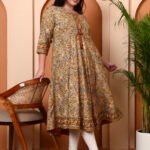 Yash Gallery Women?s Cotton Blend 3/4 Sleeve Round Neck Floral Printed Anarkali Kurta (Beige)