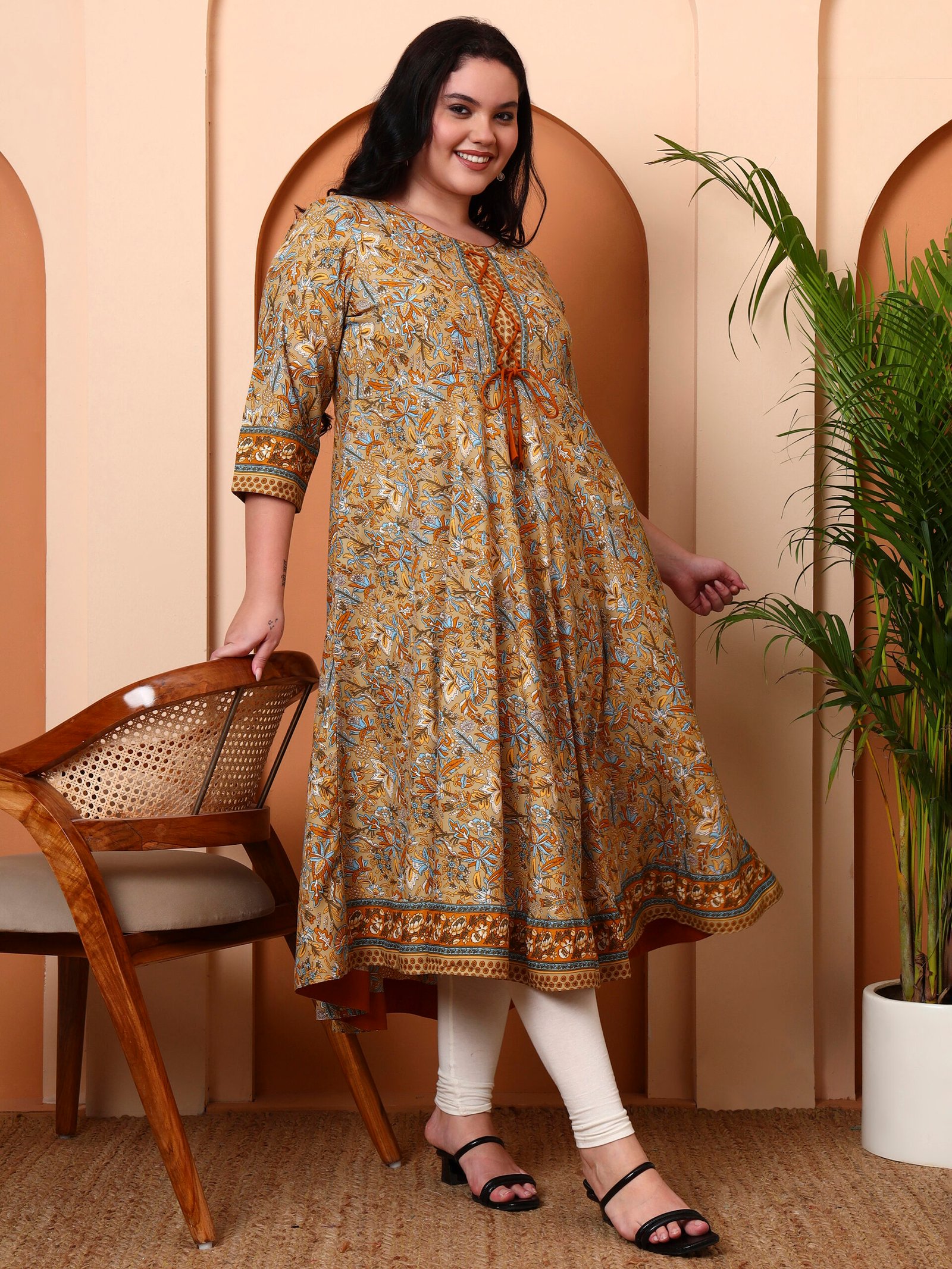 1913YKBEIGE3.jpg Yash Gallery Women?s Cotton Blend 3/4 Sleeve Round Neck Floral Printed Anarkali Kurta (Beige) - Image 1