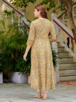Akiko Women?s Cotton Blend 3/4 Sleeve Round Neck Floral Printed Anarkali Kurta (Beige) - Image 7