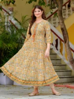 Akiko Women?s Cotton Blend 3/4 Sleeve Round Neck Floral Printed Anarkali Kurta (Beige) - Image 8