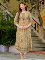 Akiko Women?s Cotton Blend 3/4 Sleeve Round Neck Floral Printed Anarkali Kurta (Beige) - Image 6