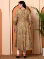 Akiko Women?s Cotton Blend 3/4 Sleeve Round Neck Floral Printed Anarkali Kurta (Beige) - Image 3
