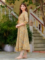 Akiko Women?s Cotton Blend 3/4 Sleeve Round Neck Floral Printed Anarkali Kurta (Beige) - Image 5