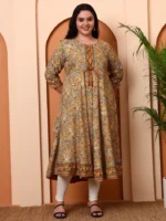 Akiko Women?s Cotton Blend 3/4 Sleeve Round Neck Floral Printed Anarkali Kurta (Beige) - Image 4