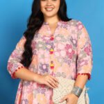 Yash Gallery Women?s Cotton Printed A-Line Kurta Mandarin Collar V-Neck, 3/4 Sleeves (Pink)