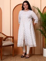 Akiko Women?s Cotton Kurti with Golden Print  A-Line  Style, Round Neck, 3/4 Sleeve (White) - Image 4
