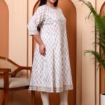 Yash Gallery Women?s Cotton Kurti with Golden Print  A-Line  Style, Round Neck, 3/4 Sleeve (White)