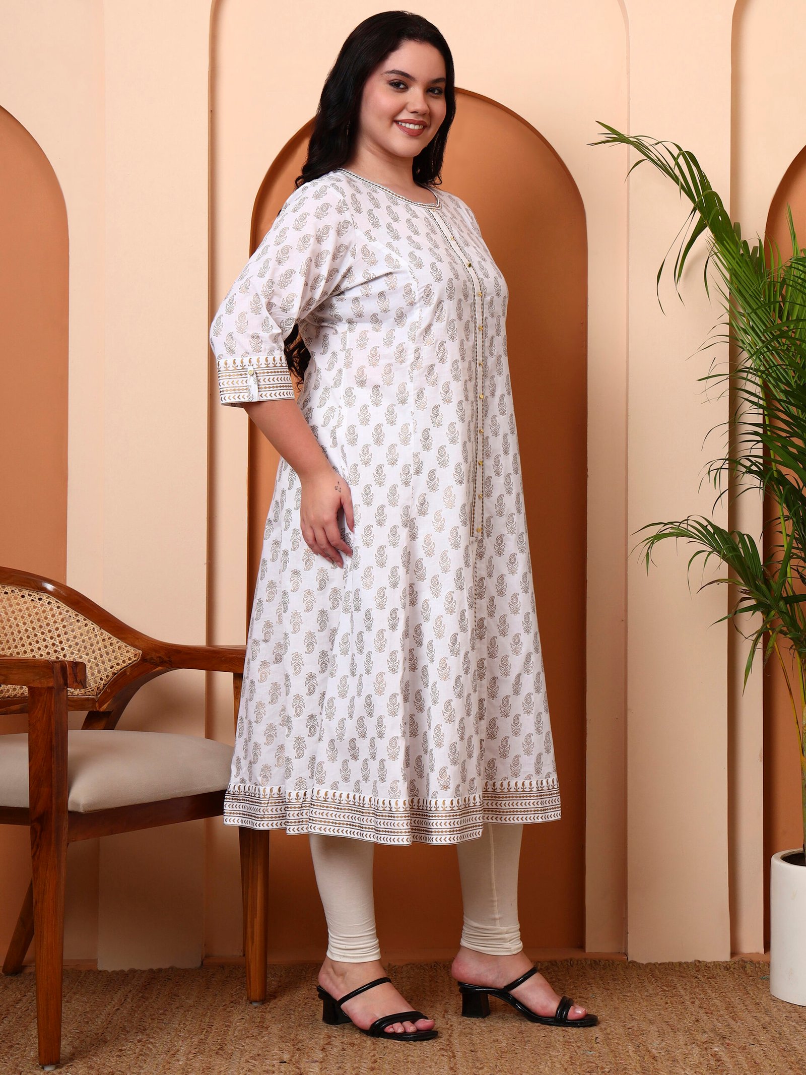 1936YKWHITE7.jpg Yash Gallery Women?s Cotton Kurti with Golden Print A-Line Style, Round Neck, 3/4 Sleeve (White) - Image 1
