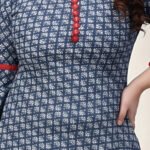 YASH GALLERY Women's Cambric Cotton Printed Mirror Work A-Line Kurta (Blue)