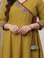 Akiko Women's Cotton Slub Patch Work Angrakha Kurta (Mustard) - Image 5