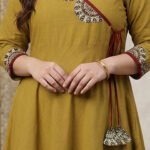 Yash Gallery Women's Cotton Slub Patch Work Angrakha Kurta (Mustard)