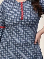 Akiko Women's Cambric Cotton Printed Mirror Work A-Line Kurta (Blue) - Image 5