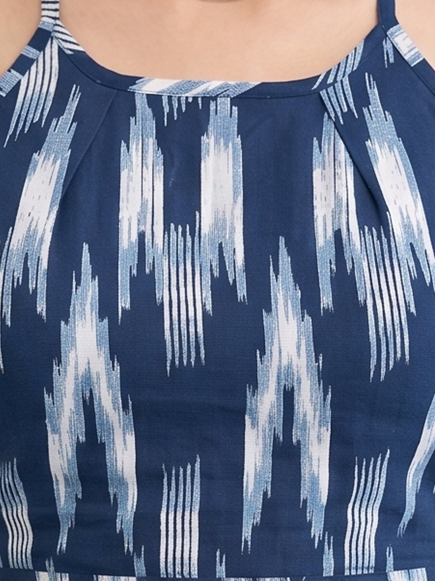 2-8.jpg Yash Gallery Women's Blue Ikat Print Rayon Halter Neck Backless Blouse - Image 1