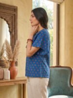 Akiko Women's Blue Cotton Floral Printed Top (Blue) - Image 3