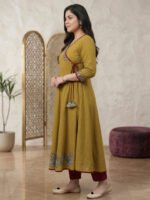 Akiko Women's Cotton Slub Patch Work Angrakha Kurta (Mustard) - Image 3