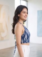 Akiko Women's Blue Ikat Print Rayon Halter Neck Backless Blouse - Image 3