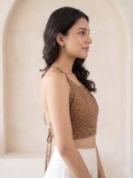 Akiko Women's Brown Floral Print Rayon Halter Neck Backless Blouse - Image 3