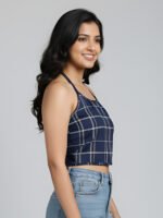 Akiko Women?s Rayon Checked Print Sleeveless Blouse (Blue) - Image 4