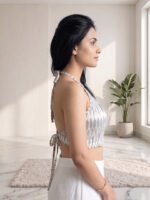 Akiko Women's Off-White Ikat Diamond Block Print Rayon Halter Neck Backless - Image 3