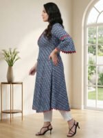 Akiko Women's Cambric Cotton Printed Mirror Work A-Line Kurta (Blue) - Image 4