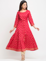 Akiko Women's Cotton Gold Print Anarkali Kurta (RED) - Image 3