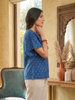 Akiko Women's Blue Cotton Floral Printed Top (Blue) - Image 4