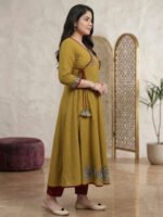 Akiko Women's Cotton Slub Patch Work Angrakha Kurta (Mustard) - Image 4