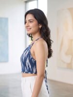 Akiko Women's Blue Ikat Print Rayon Halter Neck Backless Blouse - Image 4