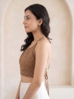 Akiko Women's Brown Floral Print Rayon Halter Neck Backless Blouse - Image 4
