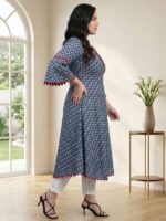 Akiko Women's Cambric Cotton Printed Mirror Work A-Line Kurta (Blue) - Image 3
