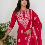Yash Gallery Women?s Rayon Kurta Printed Chikankari Motifs with Dupatta and Plazzo , Round Neck, 3/4 Sleeves (Red)