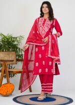 Akiko Women?s Rayon Kurta Printed Chikankari Motifs with Dupatta and Plazzo , Round Neck, 3/4 Sleeves (Red) - Image 3