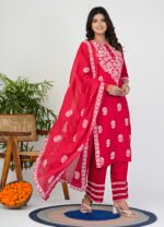 Akiko Women?s Rayon Kurta Printed Chikankari Motifs with Dupatta and Plazzo , Round Neck, 3/4 Sleeves (Red) - Image 4