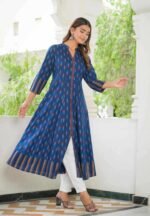 Akiko Women's Rayon Ikat Printed Anarkali Kurta (Blue) - Image 3
