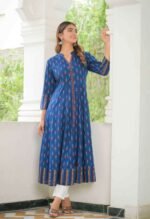 Akiko Women's Rayon Ikat Printed Anarkali Kurta (Blue) - Image 4